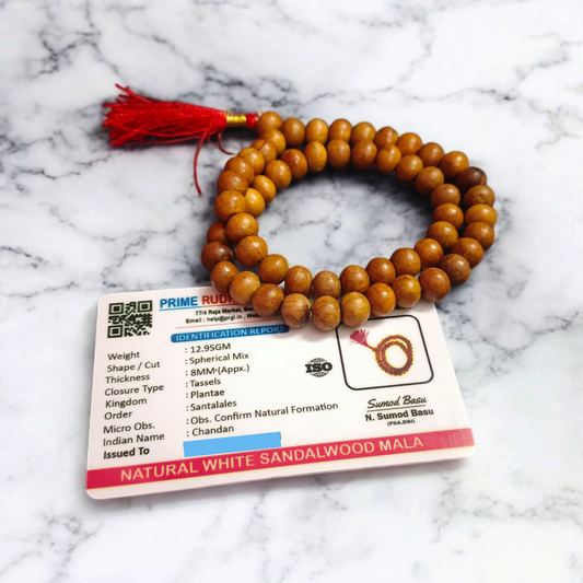 Safed Chandan Mala - Natural White Sandalwood for Peace & Meditation with Lab Certificate - Malawala