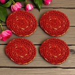 Set of 12 hand-rolled cotton Kalava wicks (Mauli Batti) in red-yellow color, arranged neatly for pooja use