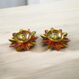 Set of 2 Brass Akhand Jyot Diyas in Lotus Shape, ideal for temple rituals and Aarti, placed on a traditional pooja thali