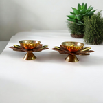 Set of 2 Brass Akhand Jyot Diyas in Lotus Shape, ideal for temple rituals and Aarti, placed on a traditional pooja thali