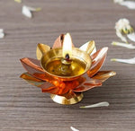 Set of 2 Brass Akhand Jyot Diyas in Lotus Shape, ideal for temple rituals and Aarti, placed on a traditional pooja thali
