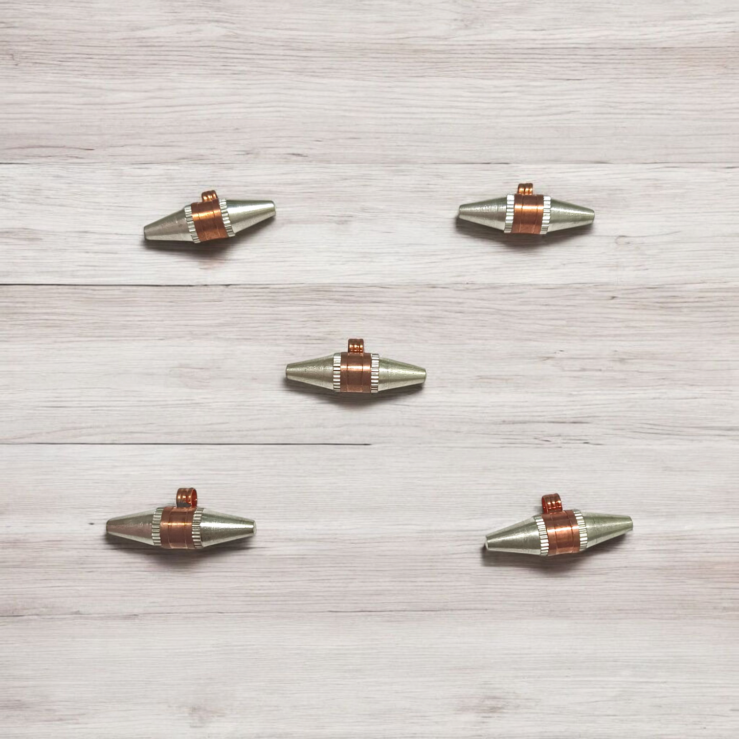 Set of 5 Triloh Taweez spiritual amulets made with copper, brass, and iron, including a free Bhojpatra sheet for personalized prayers