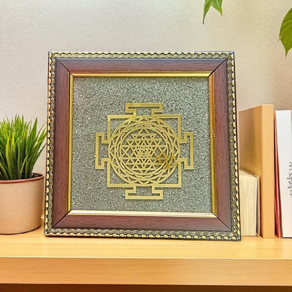 Shree Yantra mounted on raw pyrite in a 7x7 inch handcrafted wooden frame, ideal for vastu and pooja decor