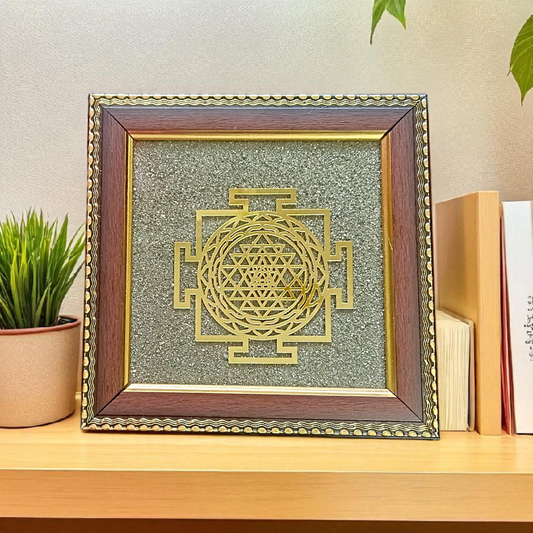 Shree Yantra mounted on raw pyrite in a 7x7 inch handcrafted wooden frame, ideal for vastu and pooja decor