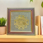 Shree Yantra mounted on raw pyrite in a 7x7 inch handcrafted wooden frame, ideal for vastu and pooja decor