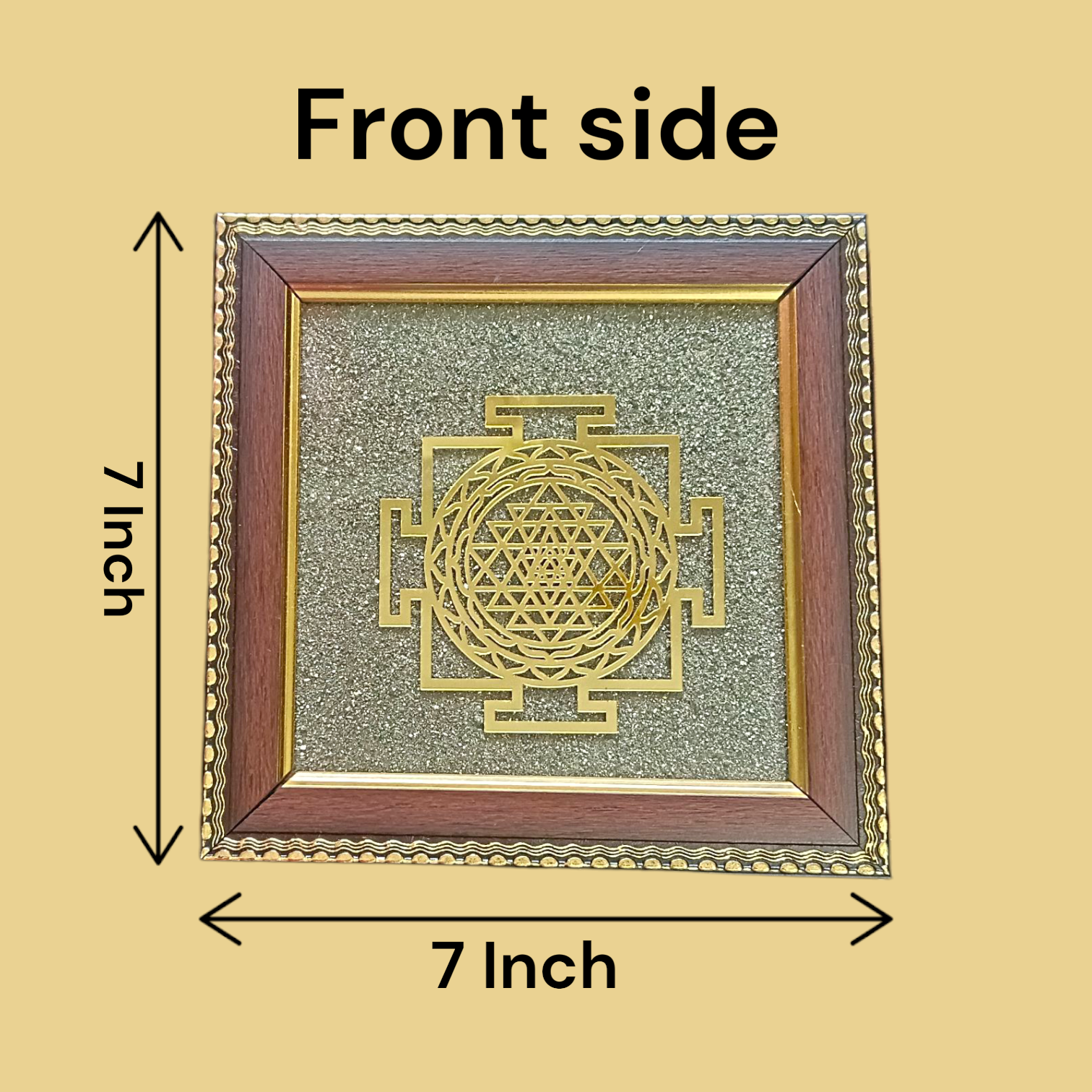 Shree Yantra mounted on raw pyrite in a 7x7 inch handcrafted wooden frame, ideal for vastu and pooja decor