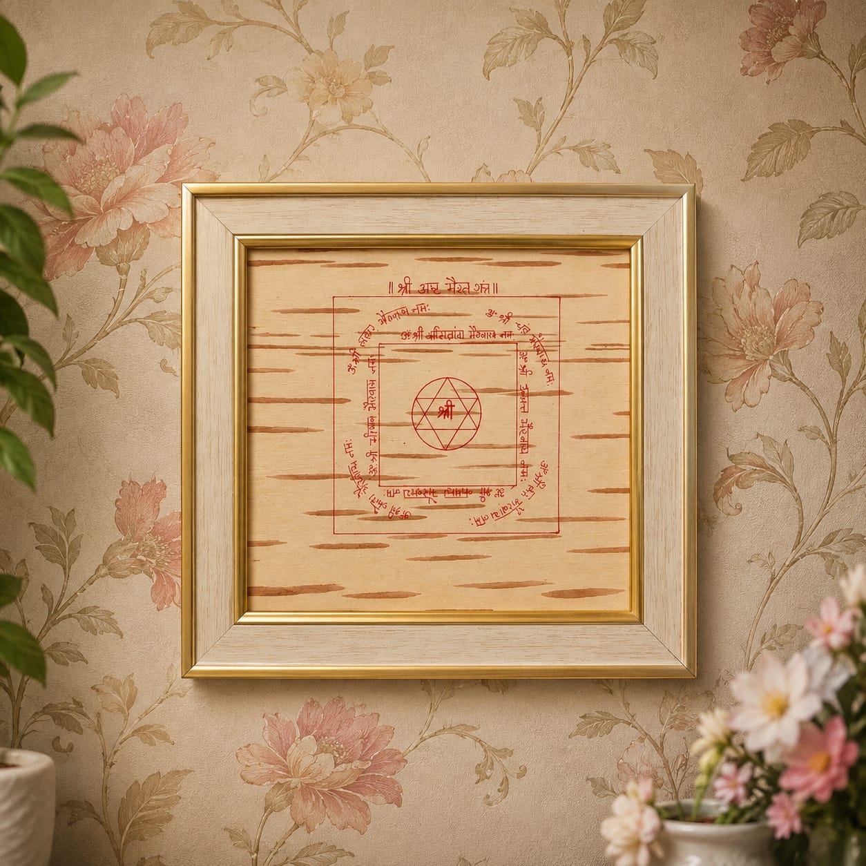 Shri Asht Bhairav Yantra on Bhojpatra Wooden Frame 19x22CM for Divine Protection, Spiritual Shield, Vastu Remedies and Positive Energy