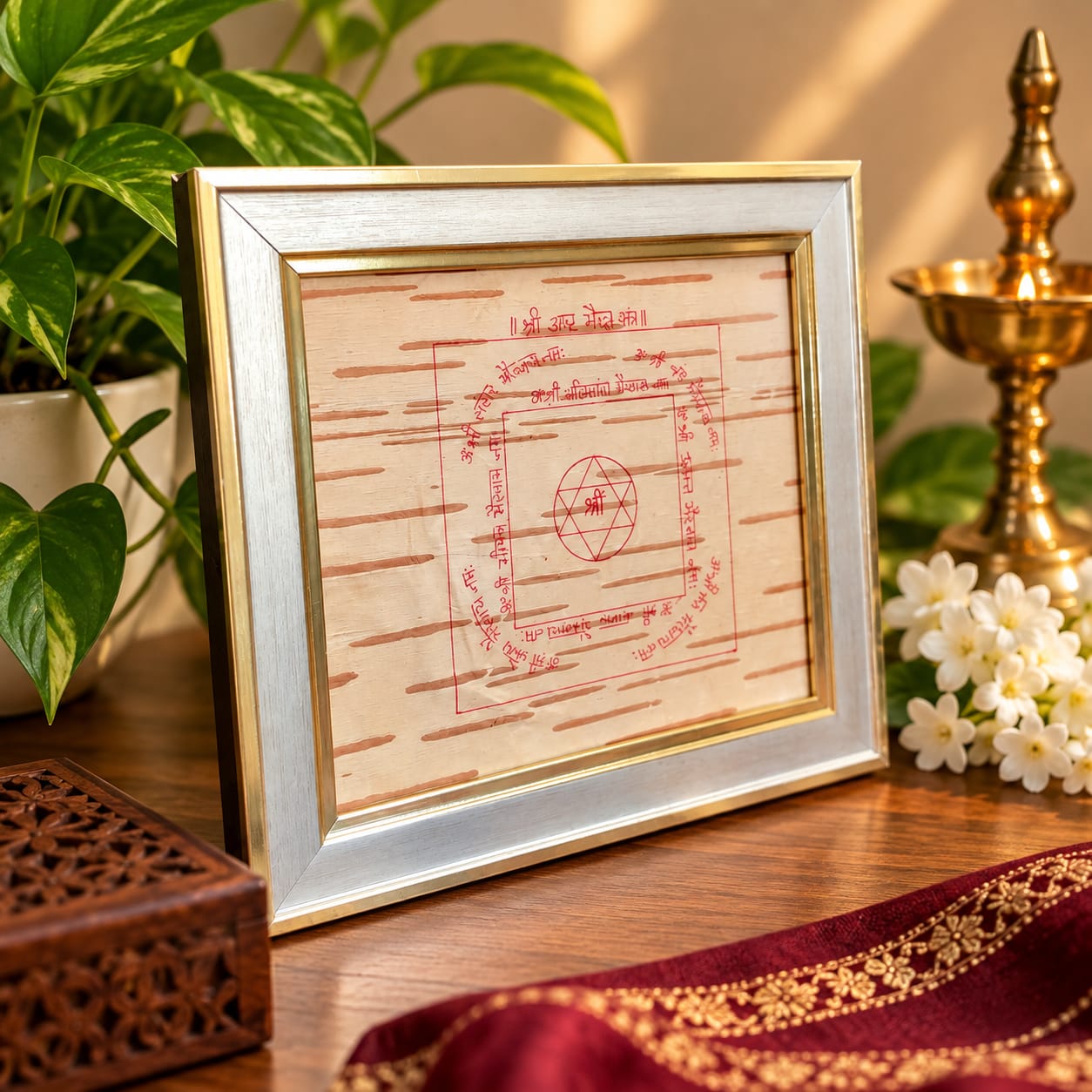 Shri Asht Bhairav Yantra on Bhojpatra Wooden Frame 19x22CM for Divine Protection, Spiritual Shield, Vastu Remedies and Positive Energy