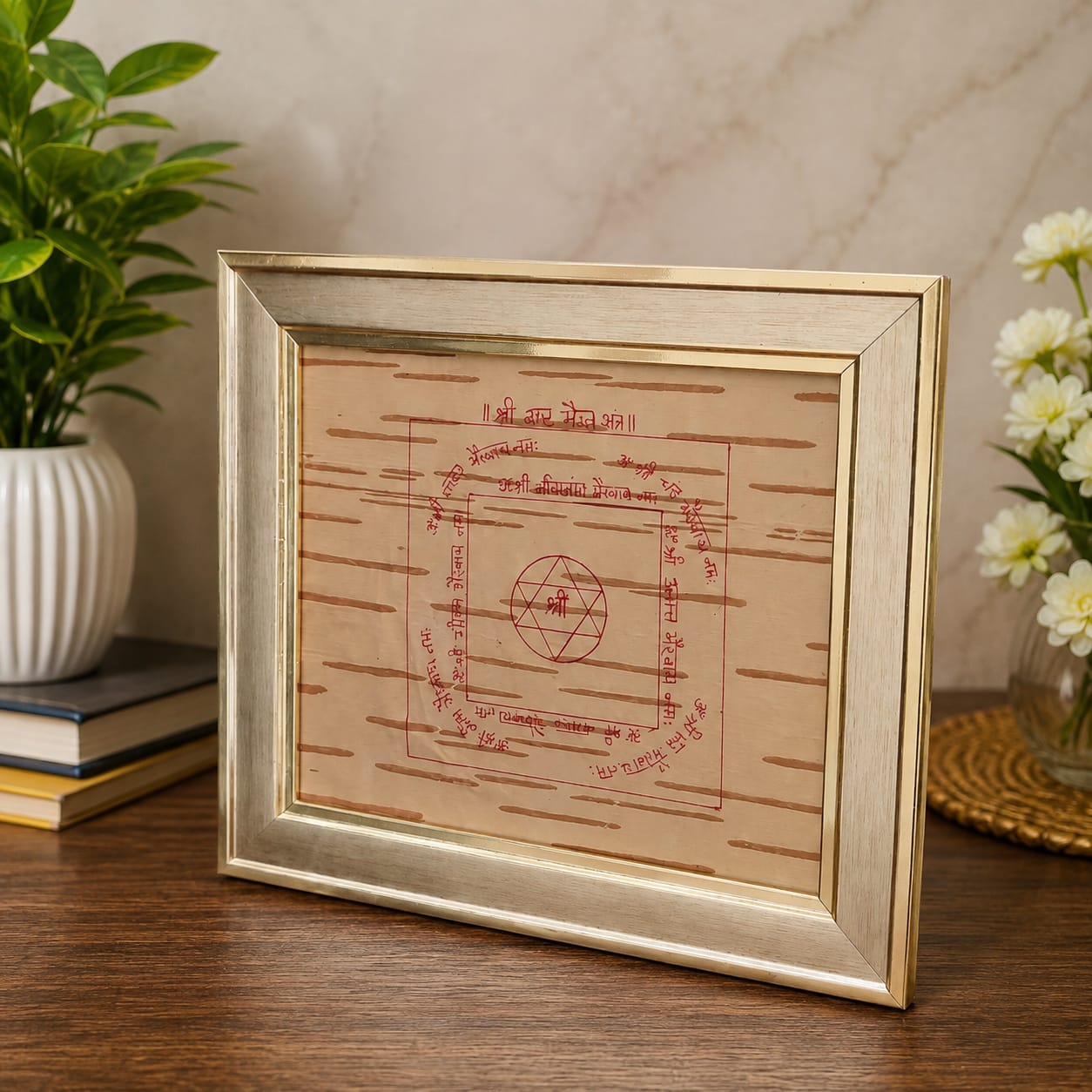 Shri Asht Bhairav Yantra on Bhojpatra Wooden Frame 19x22CM for Divine Protection, Spiritual Shield, Vastu Remedies and Positive Energy