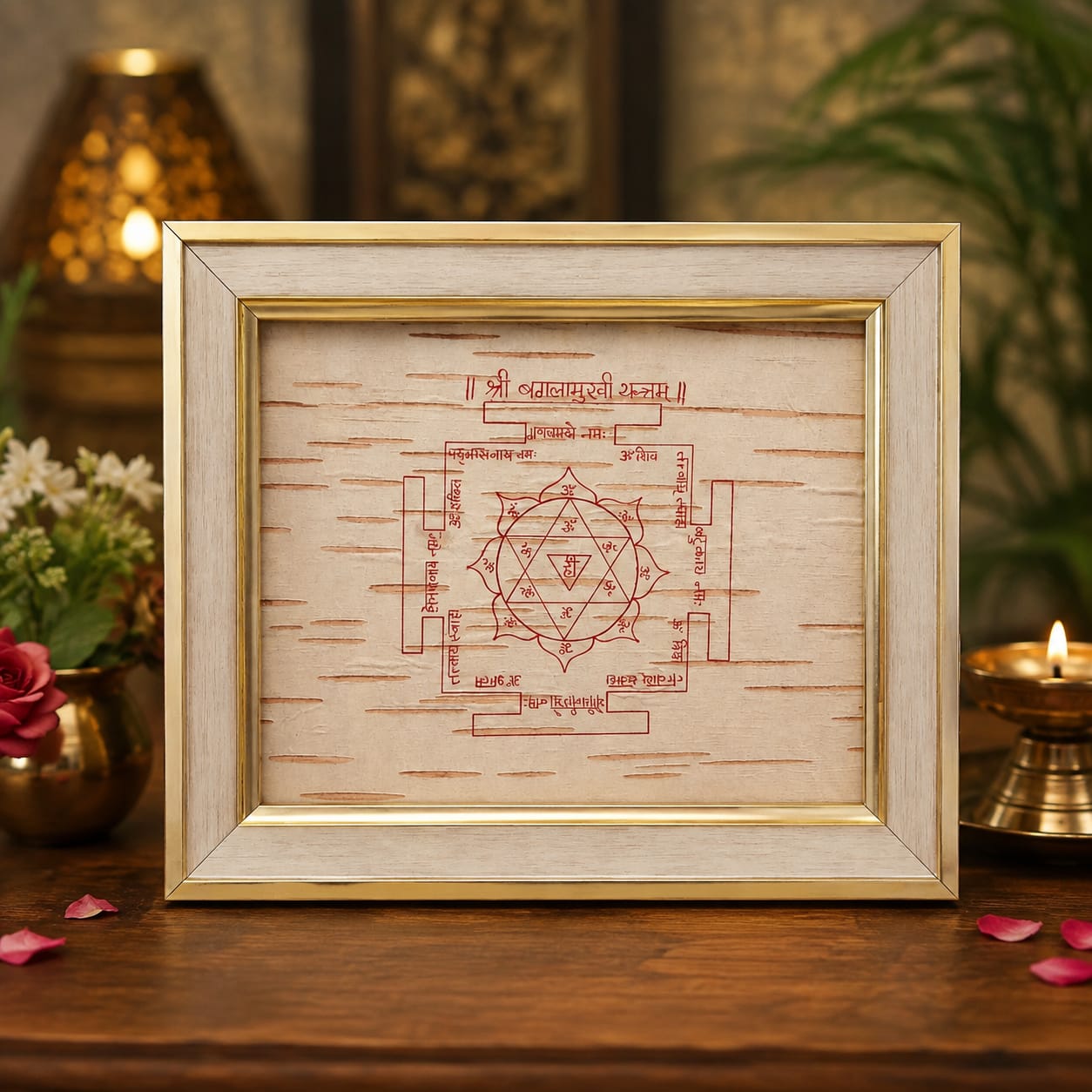 Shri Baglamukhi Yantra 19x24CM on Bhojpatra with Wooden Frame for Protection