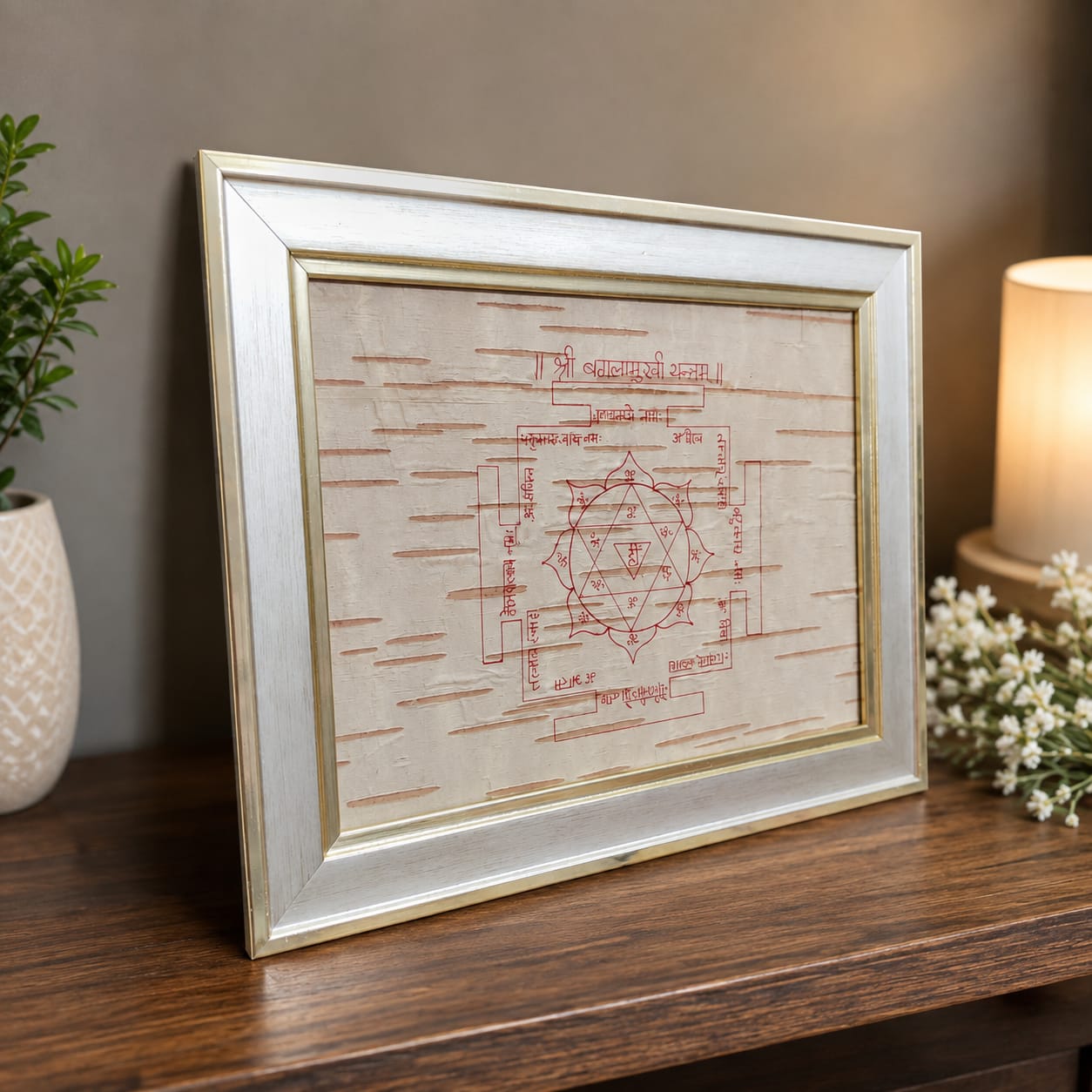 Shri Baglamukhi Yantra 19x24CM on Bhojpatra with Wooden Frame for Protection