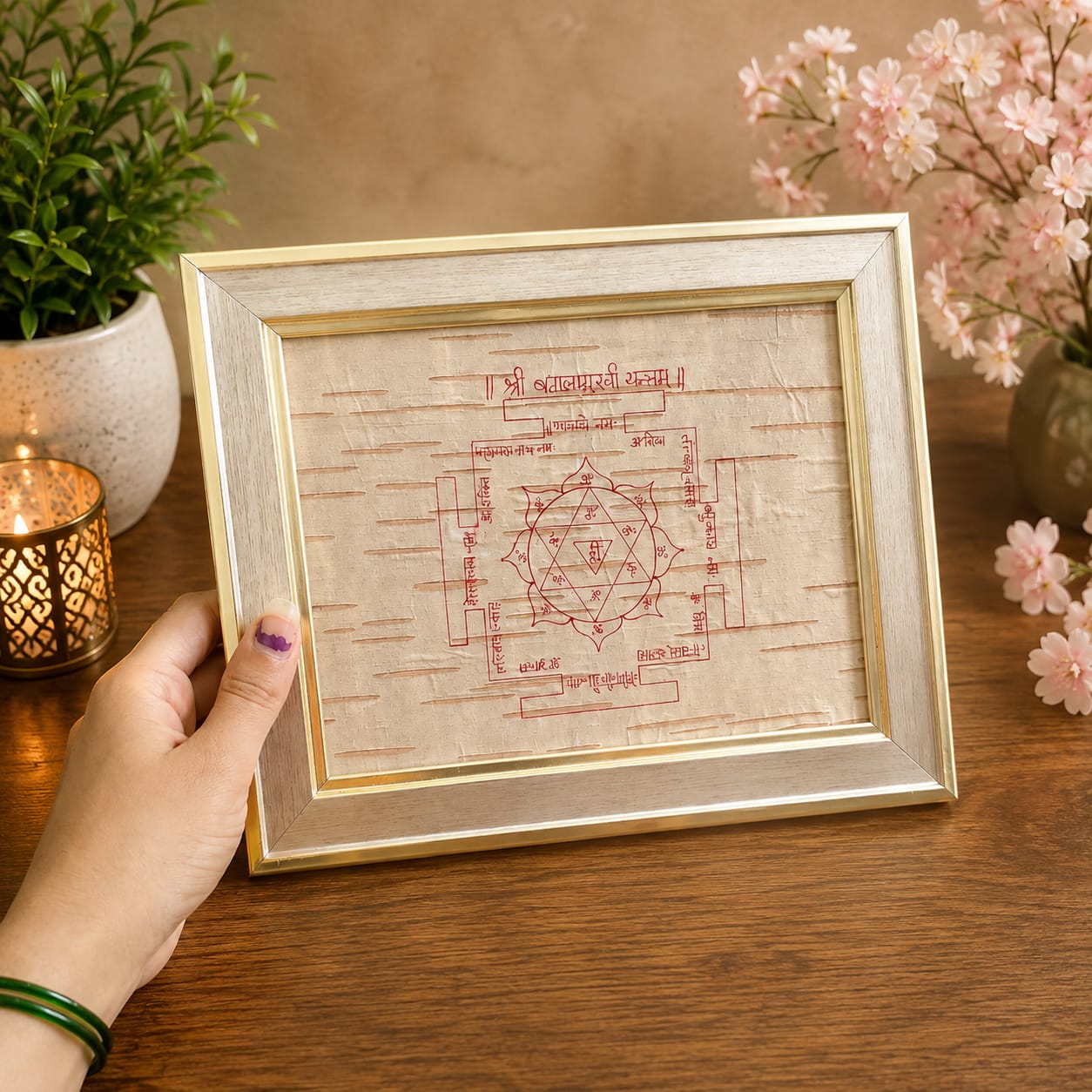 Shri Baglamukhi Yantra 19x24CM on Bhojpatra with Wooden Frame for Protection
