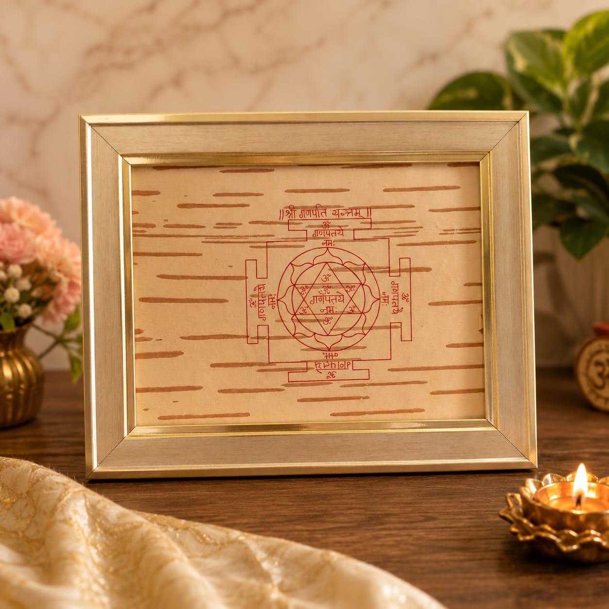 Shri Ganpati Yantra 19x24CM on Bhojpatra in Wooden Frame for Puja, Prosperity & Spiritual Worship