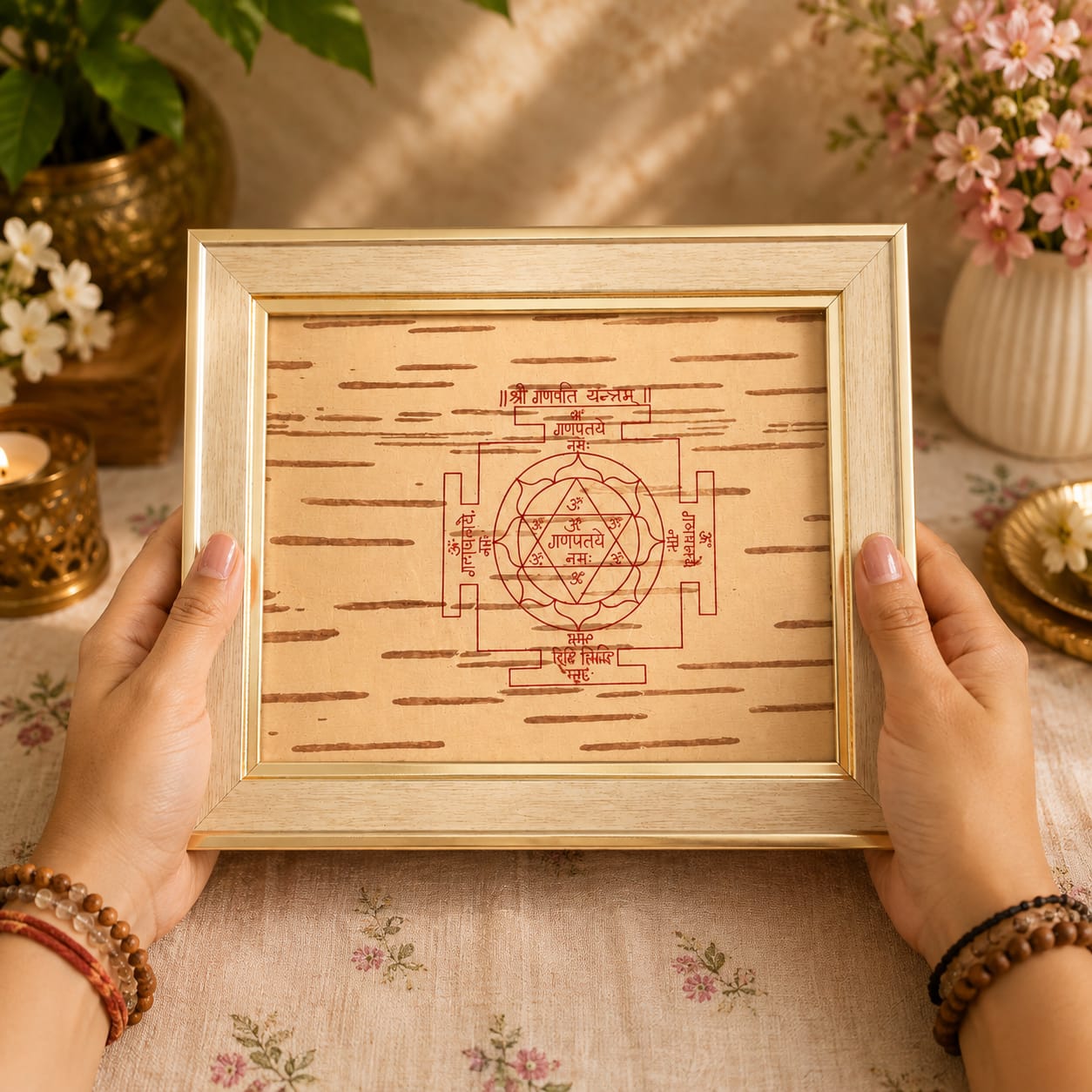 Shri Ganpati Yantra 19x24CM on Bhojpatra in Wooden Frame for Puja, Prosperity & Spiritual Worship
