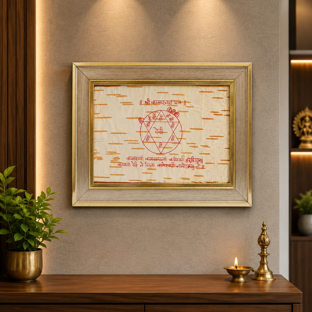 Shri Kamakhya Yantra 17x22CM Handmade Bhojpatra Wooden Frame for Divine Blessings, Protection, Prosperity & Spiritual Energy