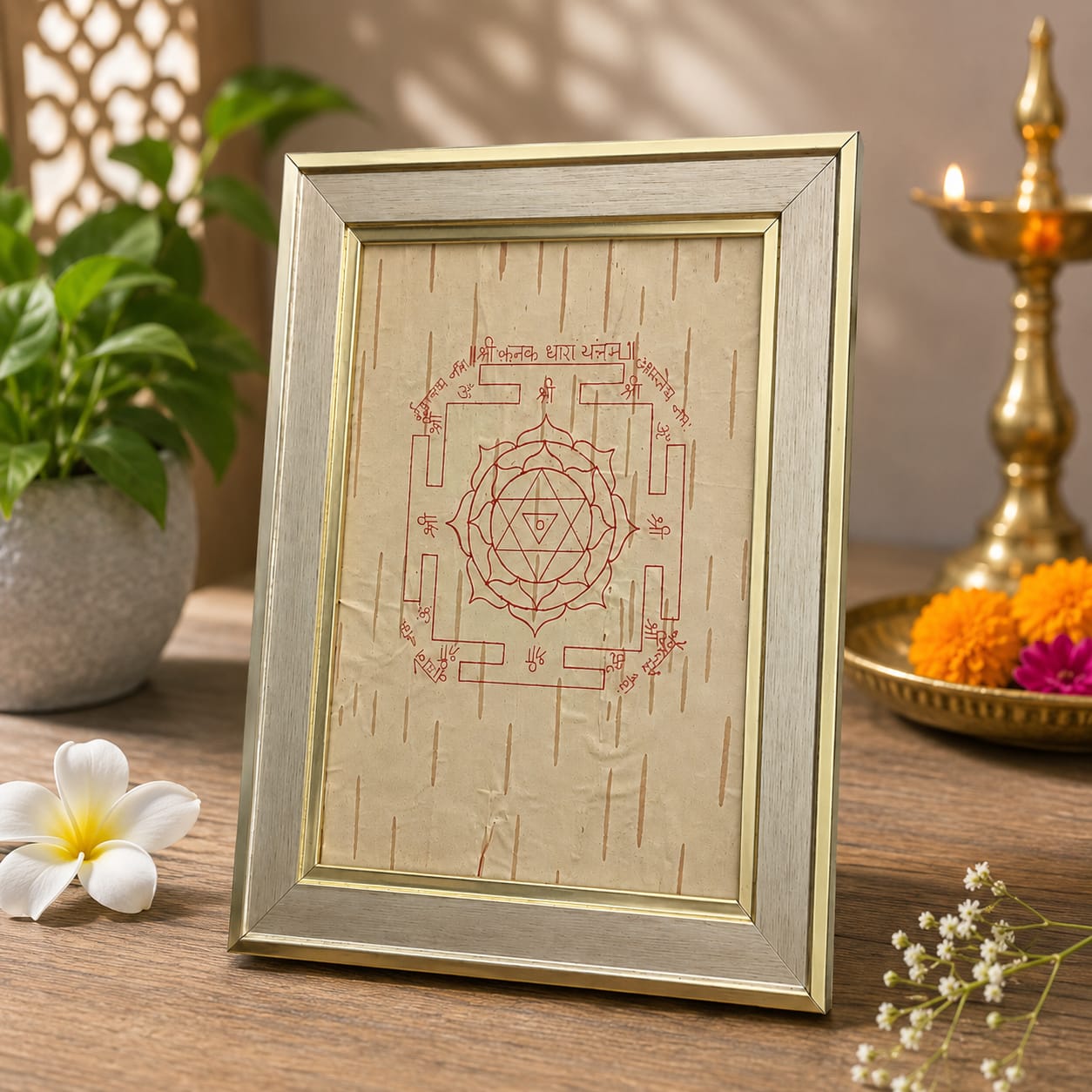 Shri Kanak Dhara Yantra 19x24CM Bhojpatra framed yantra for wealth prosperity protection puja