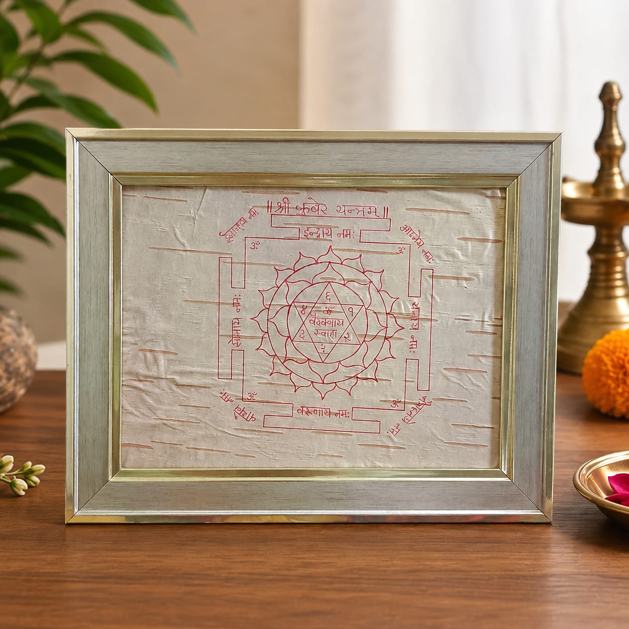 Shri Kuber Yantra 19x24CM Bhojpatra Wooden Frame for Wealth Protection