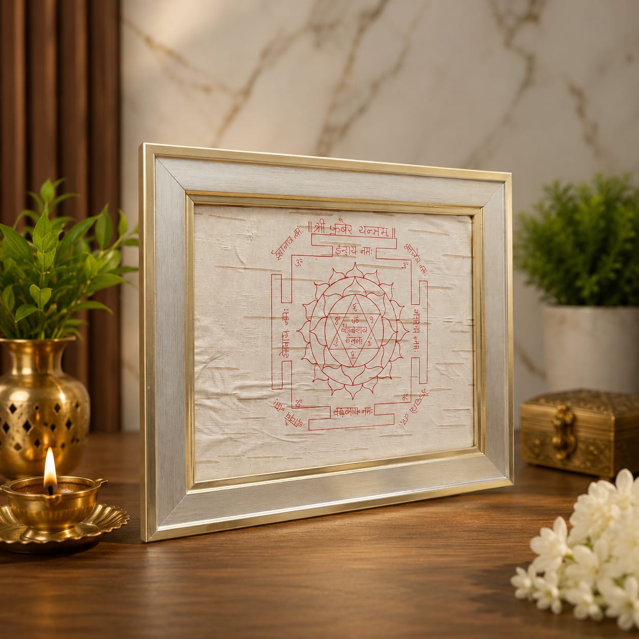 Shri Kuber Yantra 19x24CM Bhojpatra Wooden Frame for Wealth Protection