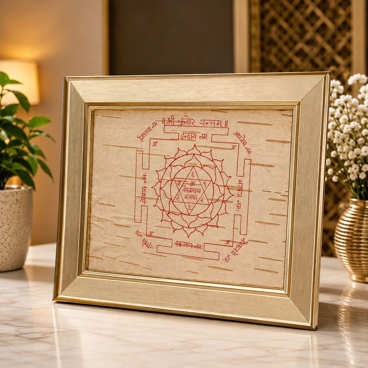 Shri Kuber Yantra 19x24CM Bhojpatra Wooden Frame for Wealth Protection
