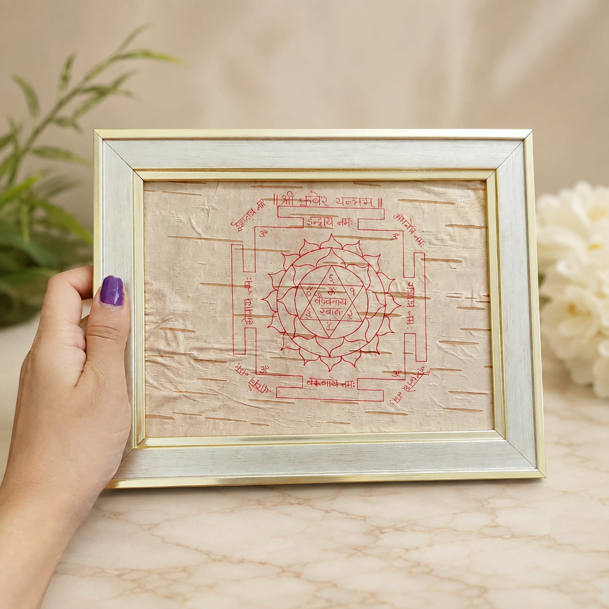 Shri Kuber Yantra 19x24CM Bhojpatra Wooden Frame for Wealth Protection