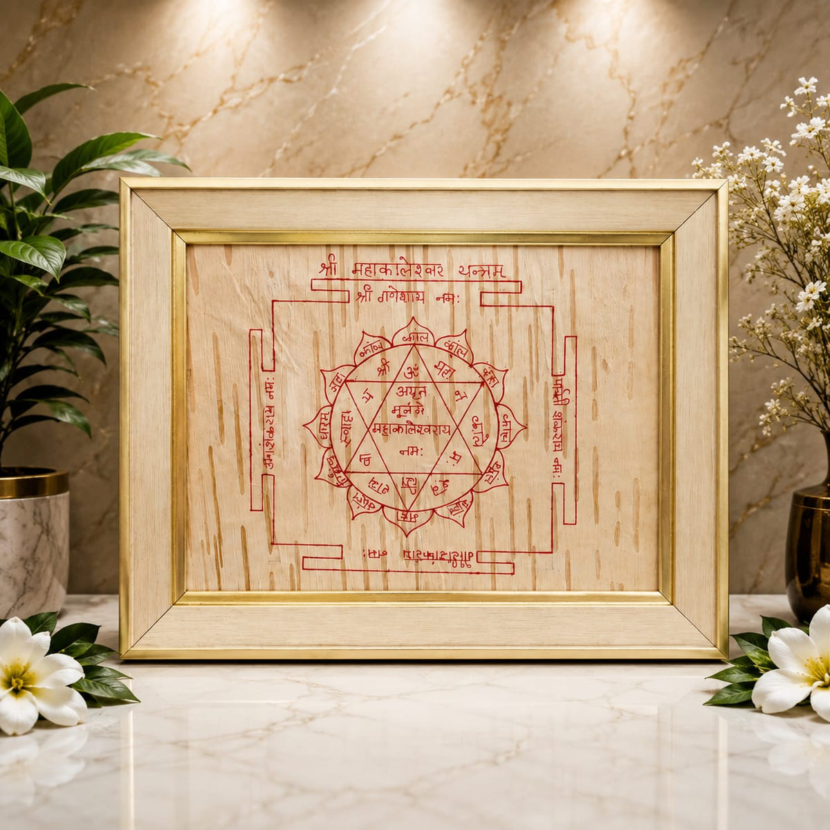 Shri Mahakaleshwar Yantra 19x24CM Bhojpatra Wooden Frame for Protection and Puja