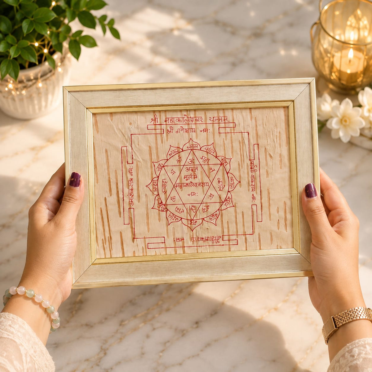 Shri Mahakaleshwar Yantra 19x24CM Bhojpatra Wooden Frame for Protection and Puja