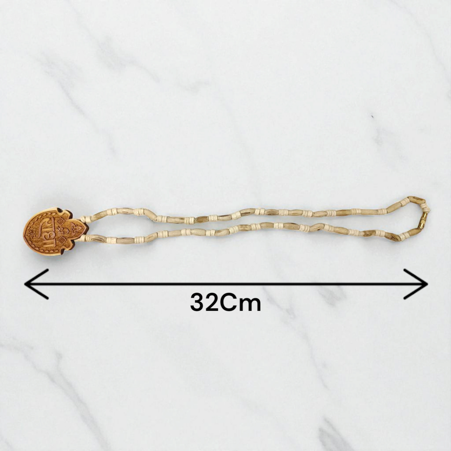 Shri Radha Locket strung in a handcrafted Tulsi Mala with secure screw lock, photographed on a neutral background
