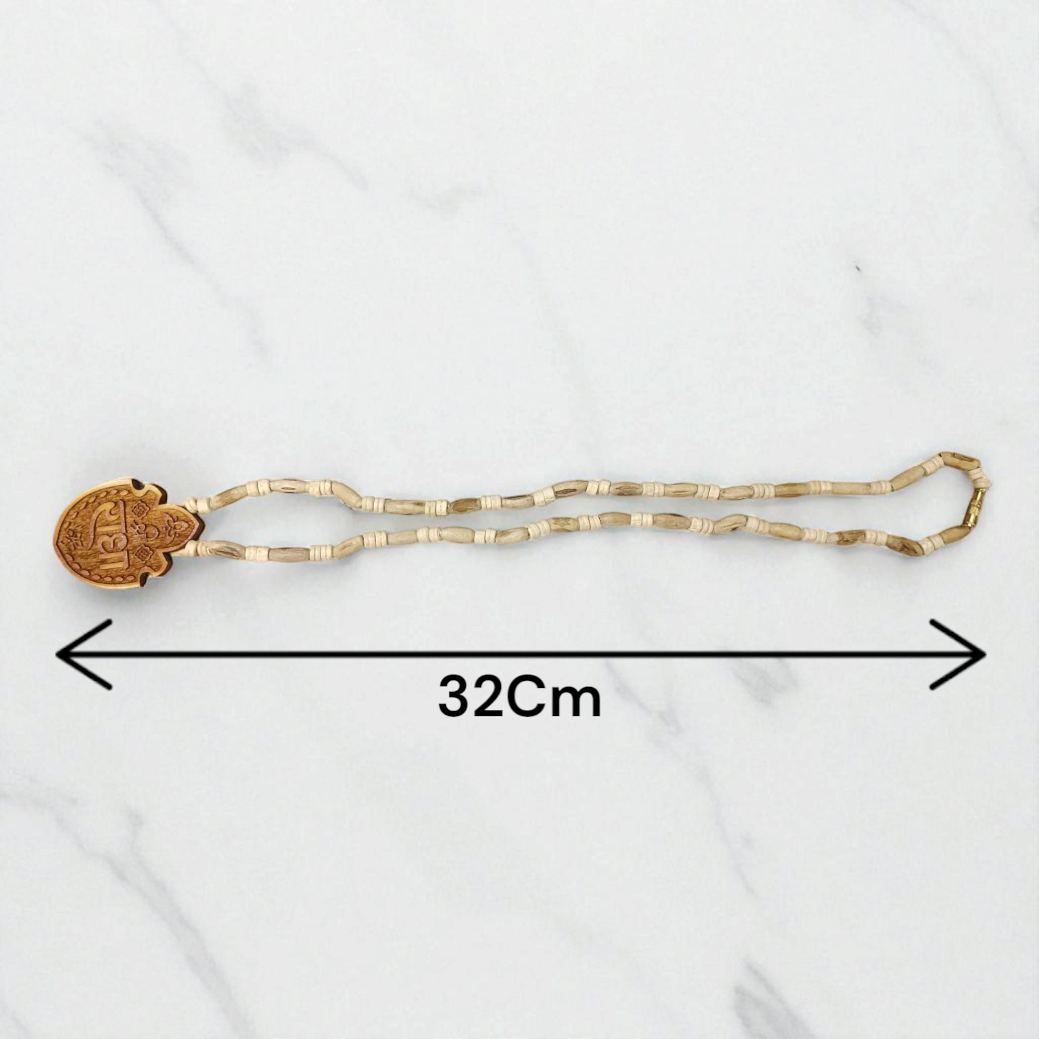 Shri Radha Locket strung in a handcrafted Tulsi Mala with secure screw lock, photographed on a neutral background