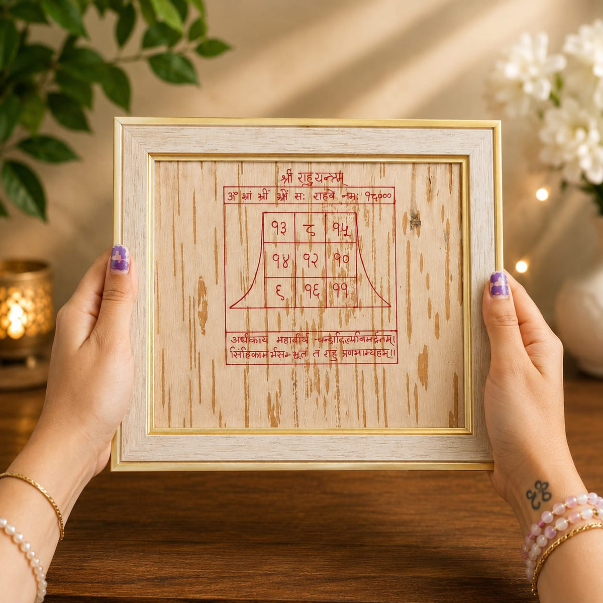Shri Rahu Yantra 19x24CM Bhojpatra Wooden Frame for Protection and Spiritual Balance
