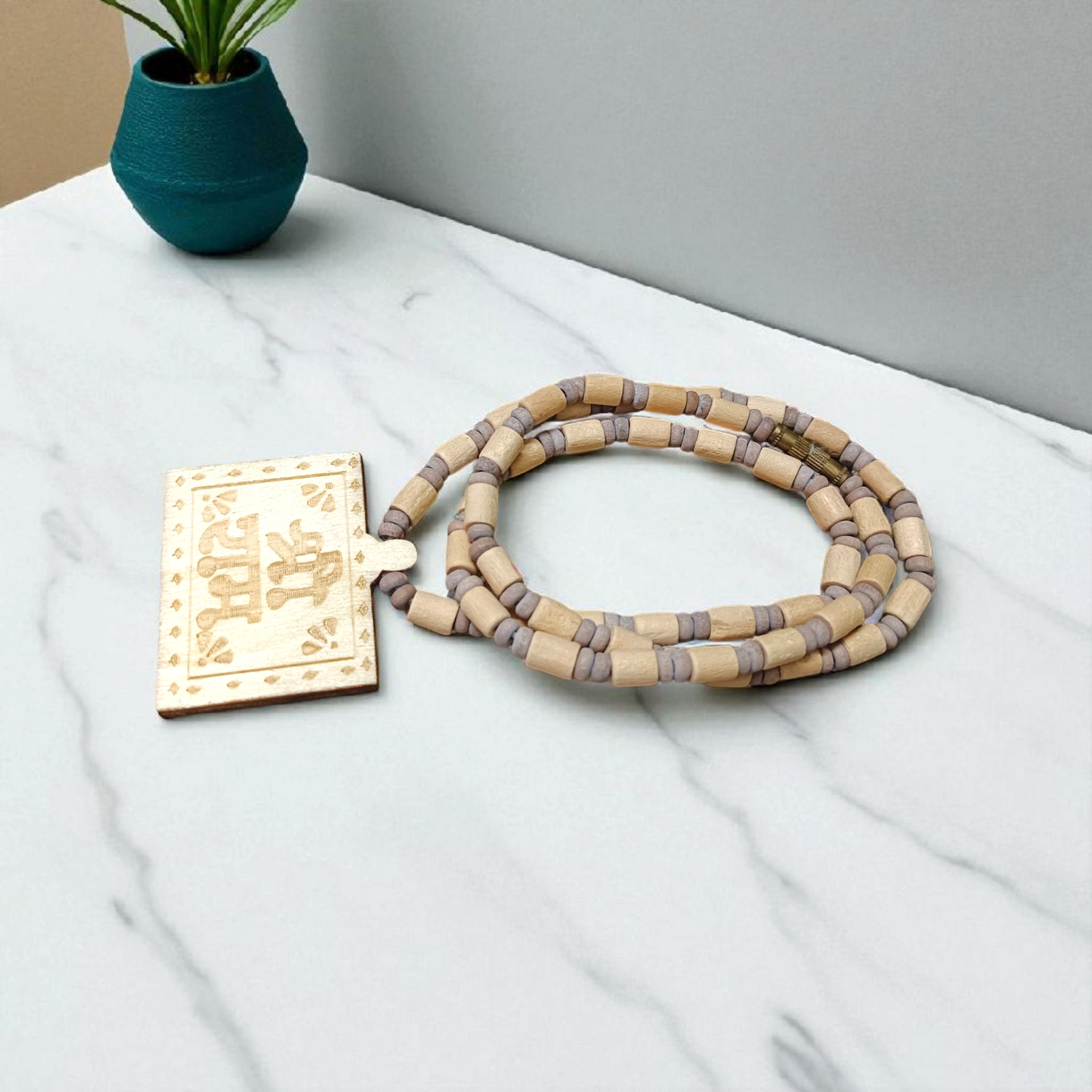 Shri Ram Locket in Tulsi Beads Mala with screw-lock clasp, placed neatly on a neutral background