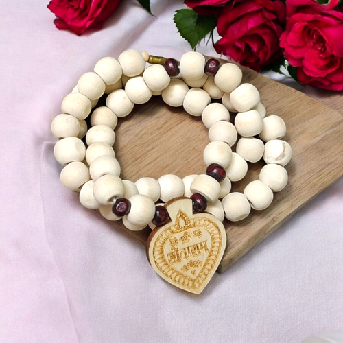 Shri Sita Ram Tulsi Mala with ornate locket and stylish screw lock, displayed elegantly on a neutral surface