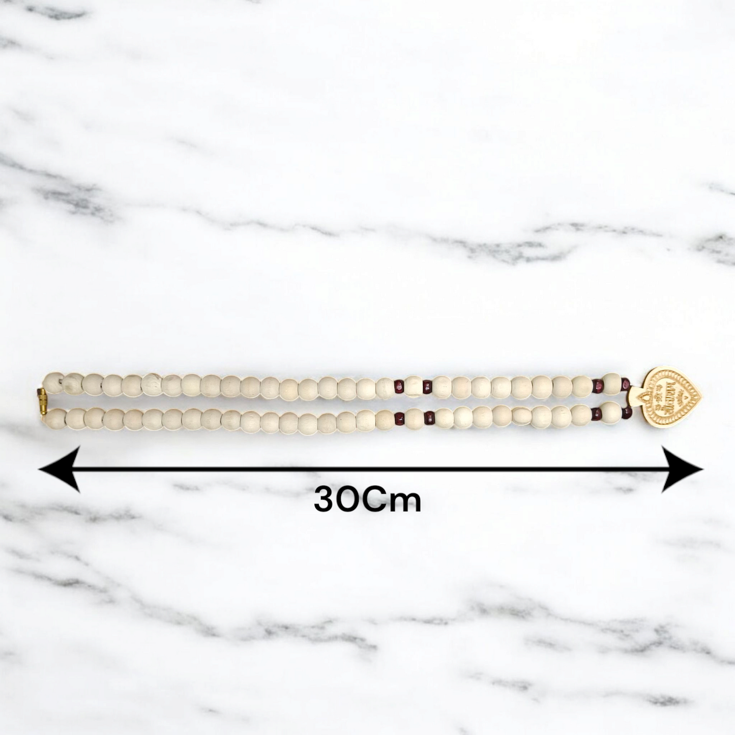 Shri Sita Ram Tulsi Mala with ornate locket and stylish screw lock, displayed elegantly on a neutral surface