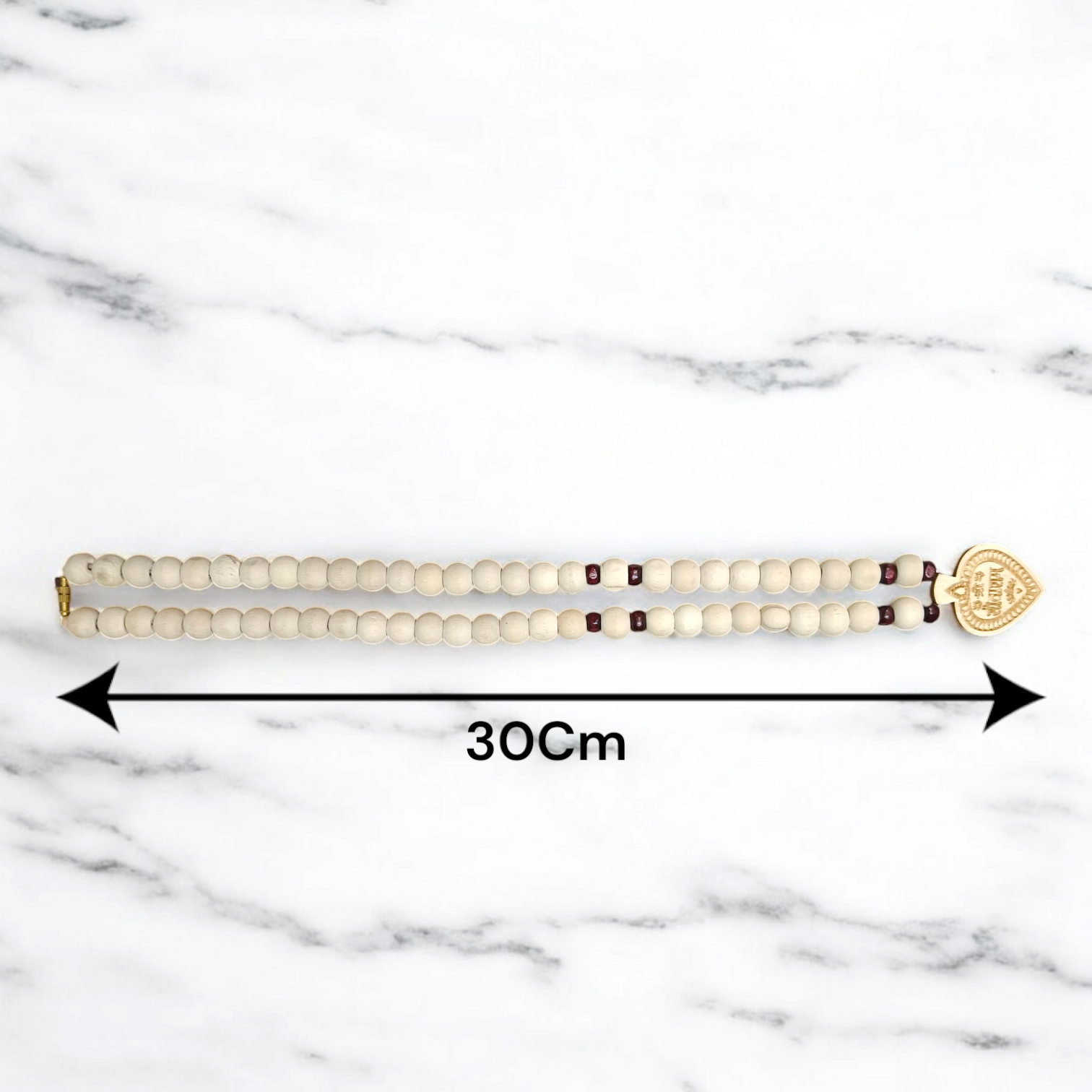 Shri Sita Ram Tulsi Mala with ornate locket and stylish screw lock, displayed elegantly on a neutral surface