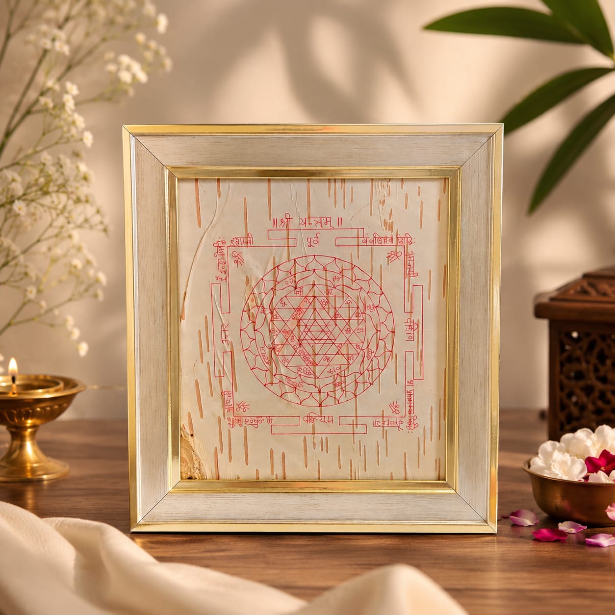Shri Yantra on Bhojpatra Wooden Frame 19x21CM for Wealth, Wisdom, Prosperity, Vastu & Home Temple