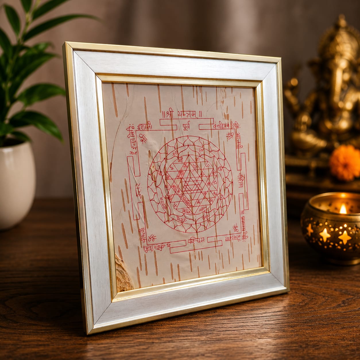 Shri Yantra on Bhojpatra Wooden Frame 19x21CM for Wealth, Wisdom, Prosperity, Vastu & Home Temple
