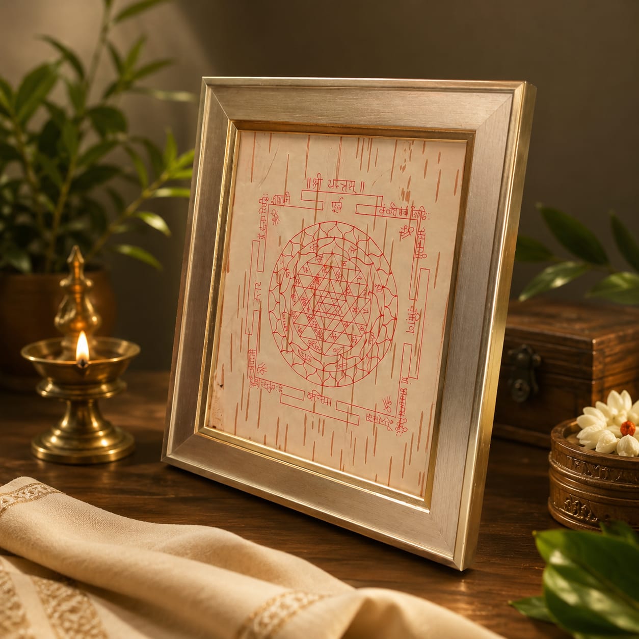 Shri Yantra on Bhojpatra Wooden Frame 19x21CM for Wealth, Wisdom, Prosperity, Vastu & Home Temple