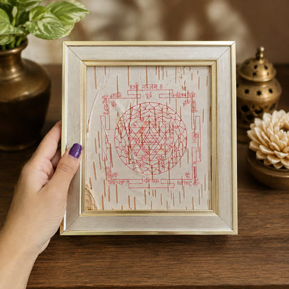 Shri Yantra on Bhojpatra Wooden Frame 19x21CM for Wealth, Wisdom, Prosperity, Vastu & Home Temple