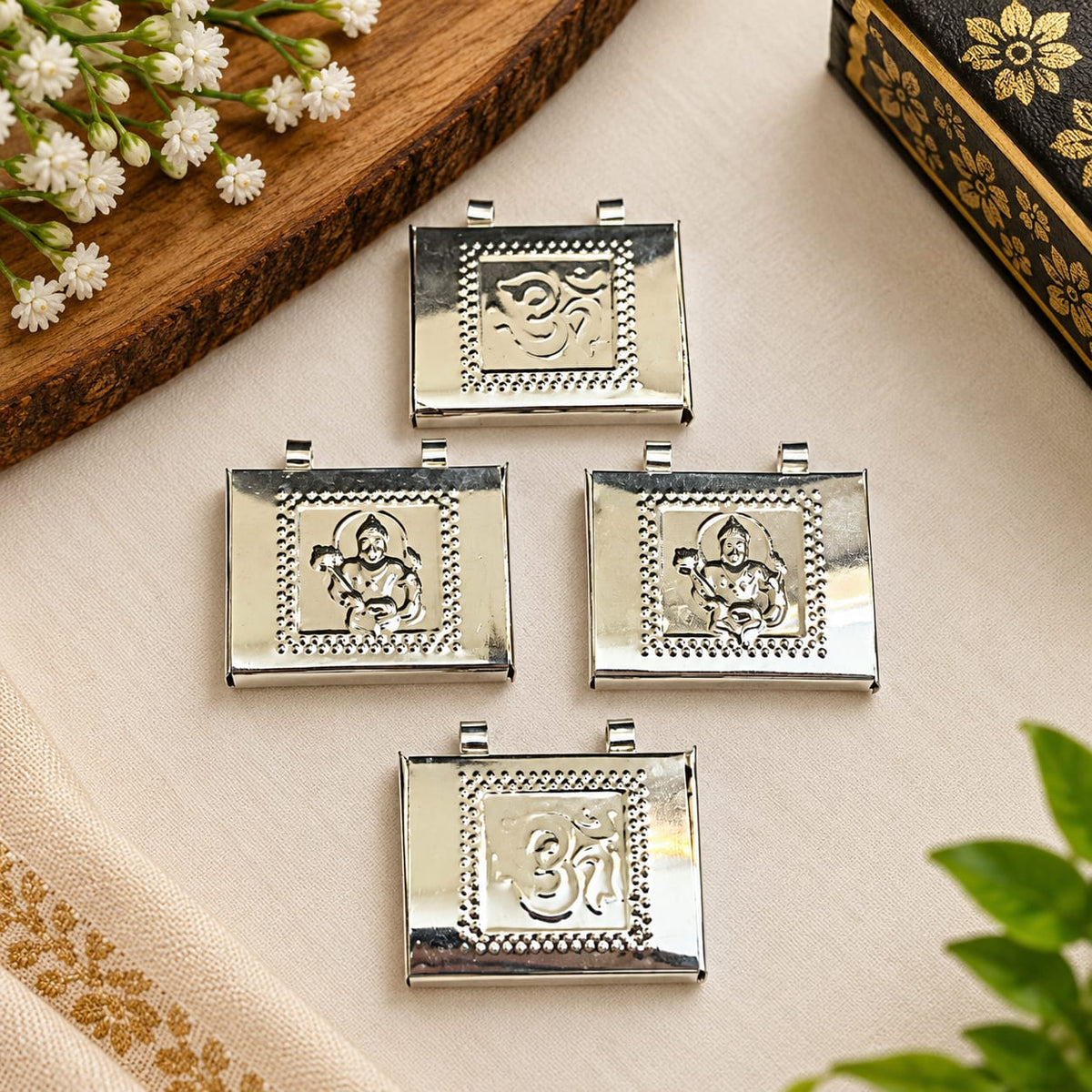 Silver Hanuman Ji and Om Taweez Set of 6 Traditional Religious Pendants for Daily Wear

