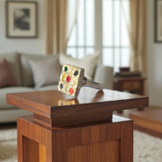 Square-shaped Navratan Ring by MALAWALA with 9 colorful gemstones set in Panchdhatu, suitable for astrology enthusiasts and spiritual use