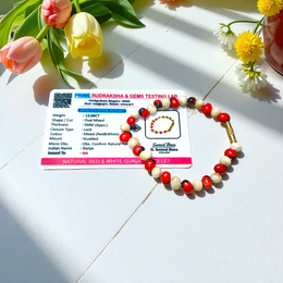 Stretchable bracelet made of natural red and white Gunja seeds, 5mm beads, displayed on a white background
