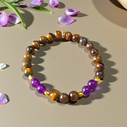 Stretchable bracelet made with lab certified 8mm Tiger Eye and Amethyst gemstone beads, ideal for meditation and daily wear