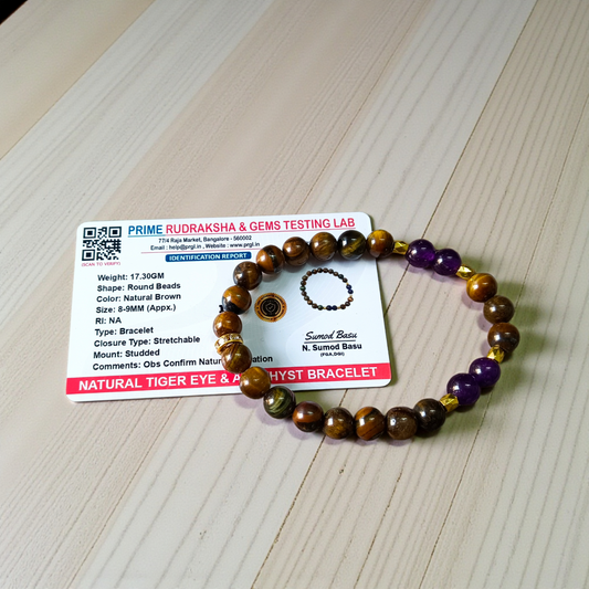 Stretchable bracelet made with lab certified 8mm Tiger Eye and Amethyst gemstone beads, ideal for meditation and daily wear