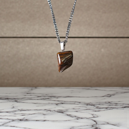 Tiger Eye Pendant with stainless steel chain for men and women – polished oval stone in elegant setting, lab certified