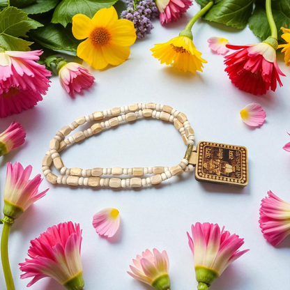 Tulsi Mala featuring Shri Bageshwar Dham Locket engraved with Jai Sita Ram and secure screw lock, placed neatly for display