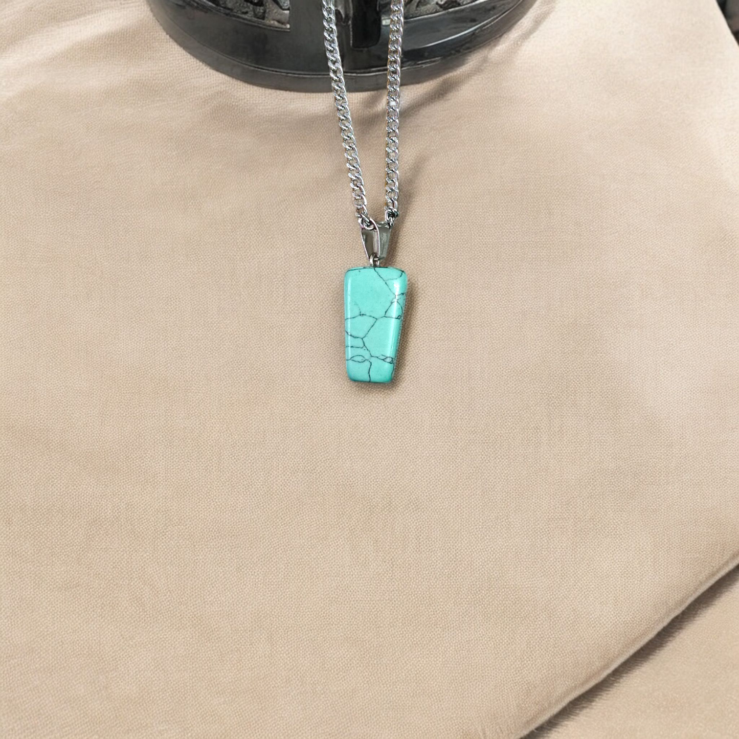 Tumbled turquoise blue howlite pendant with chain – calming and certified healing stone necklace