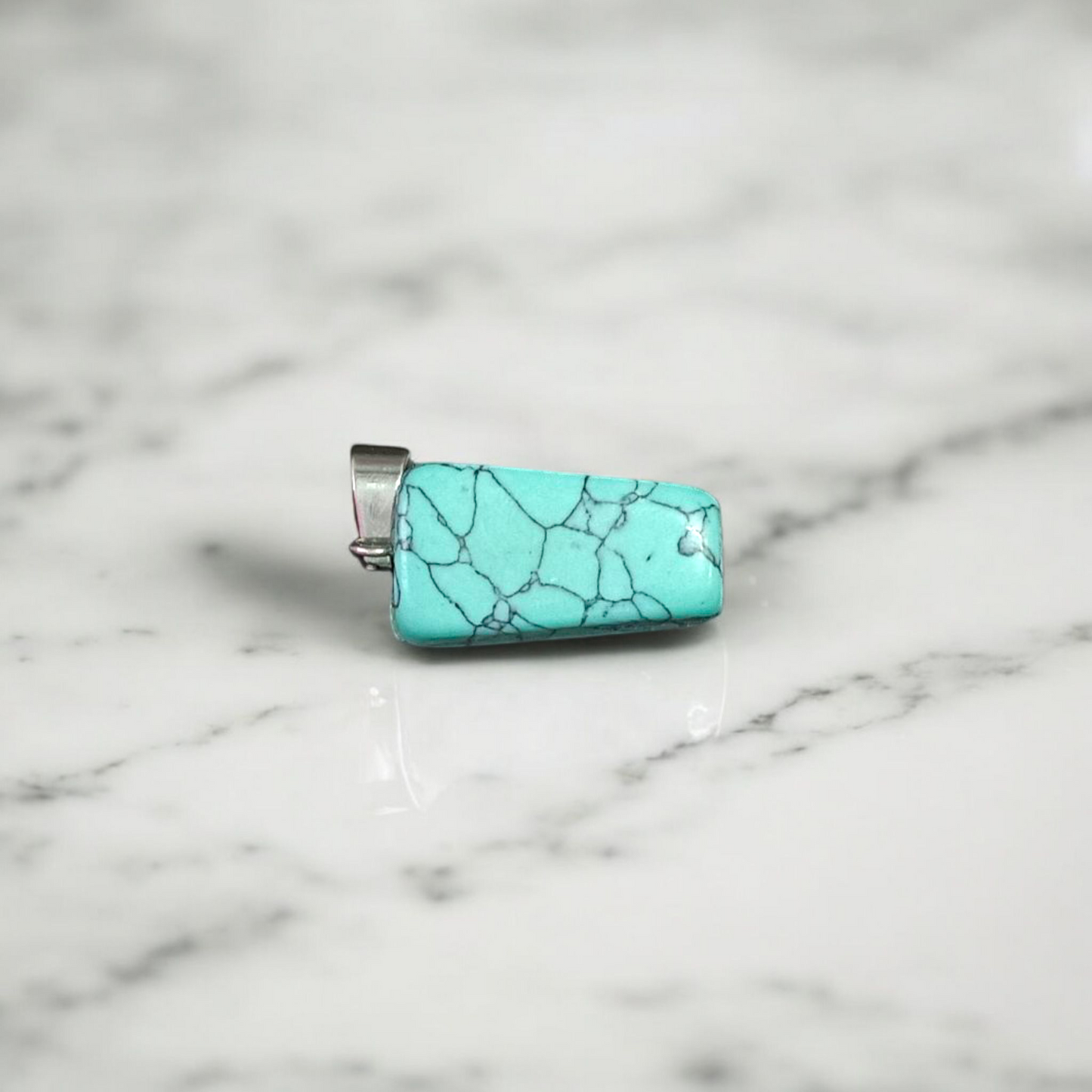 Tumbled turquoise blue howlite pendant with chain – calming and certified healing stone necklace