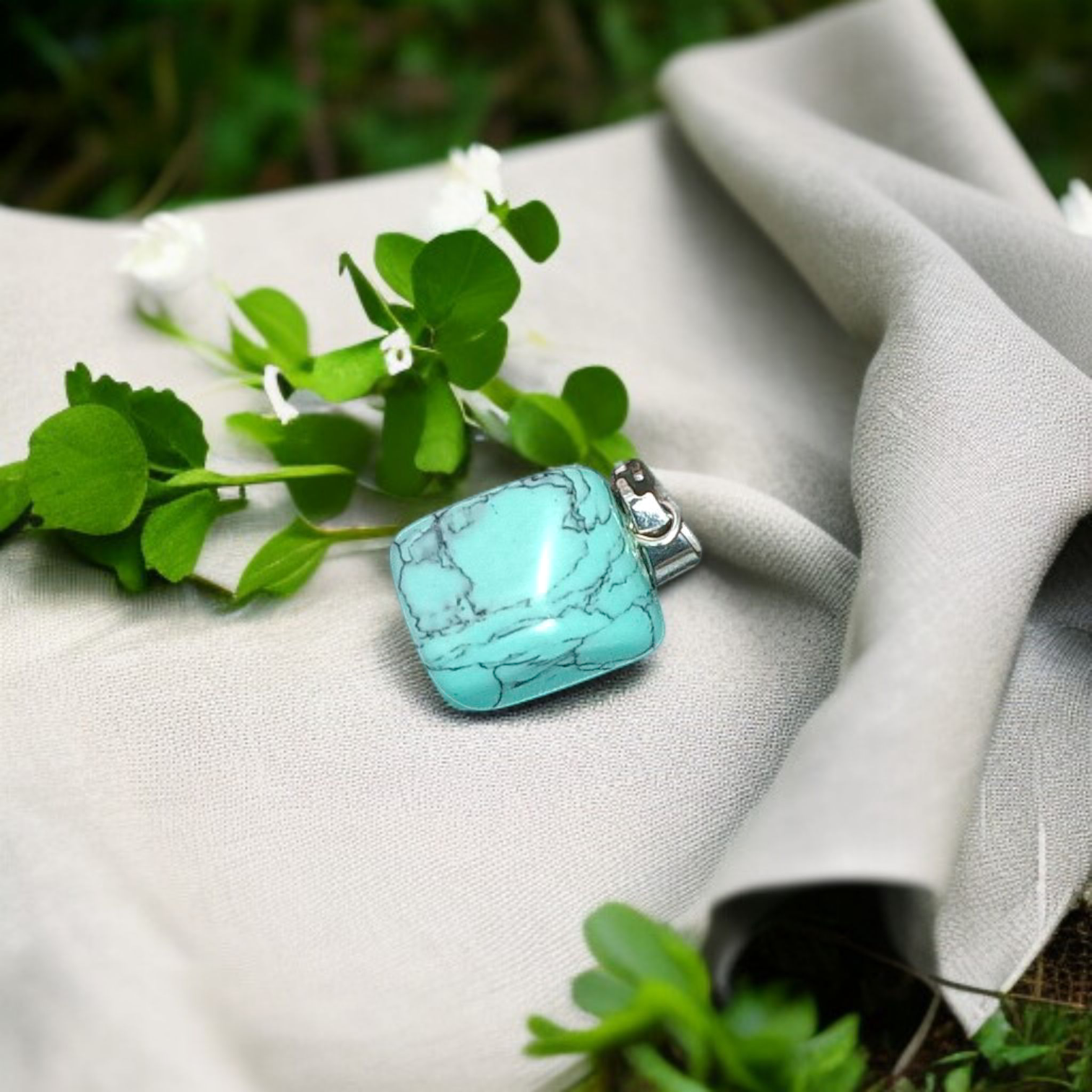 Tumbled turquoise blue howlite pendant with chain – calming and certified healing stone necklace