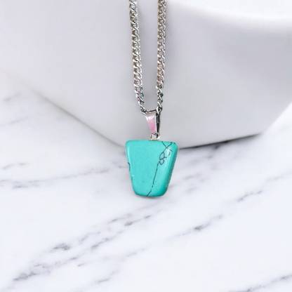 Tumbled turquoise blue howlite pendant with chain – calming and certified healing stone necklace