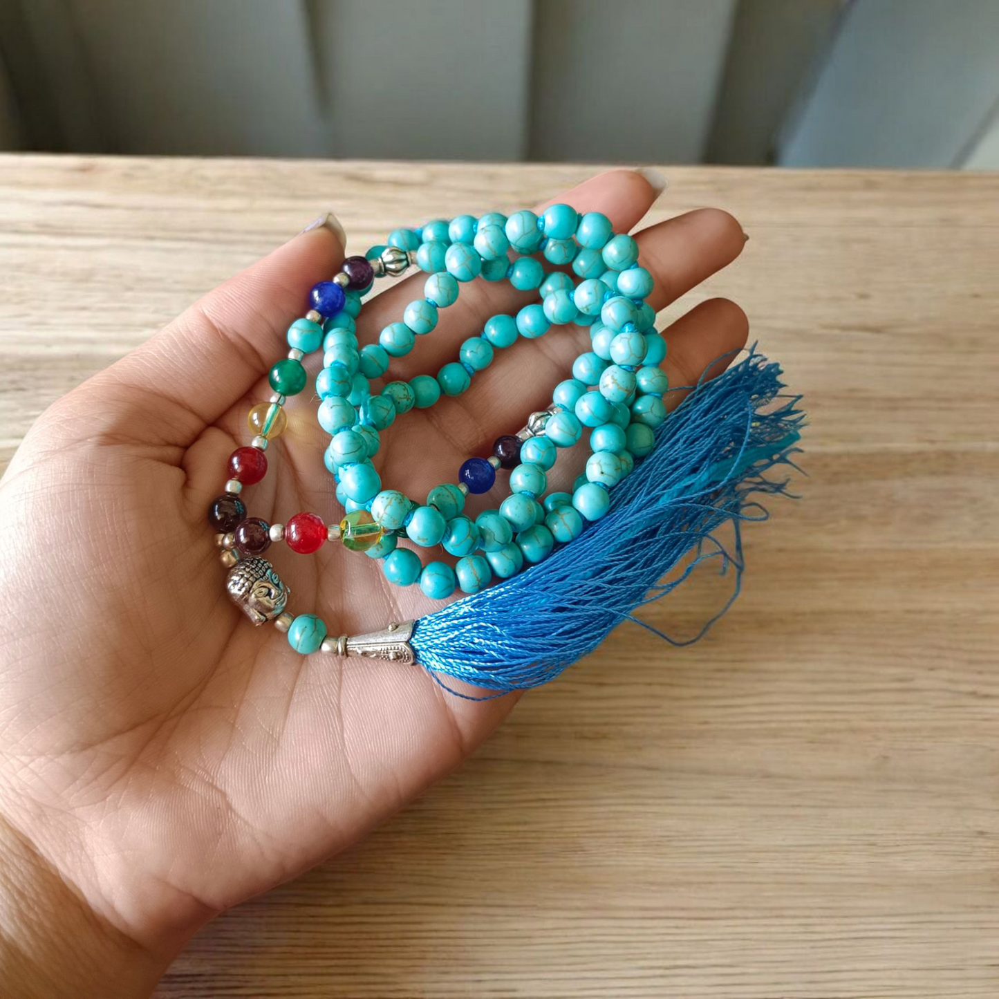 Turquoise (Firoza) Mala with 7 Chakra Beads | Lab Certified Astrologer Mala | Malawala