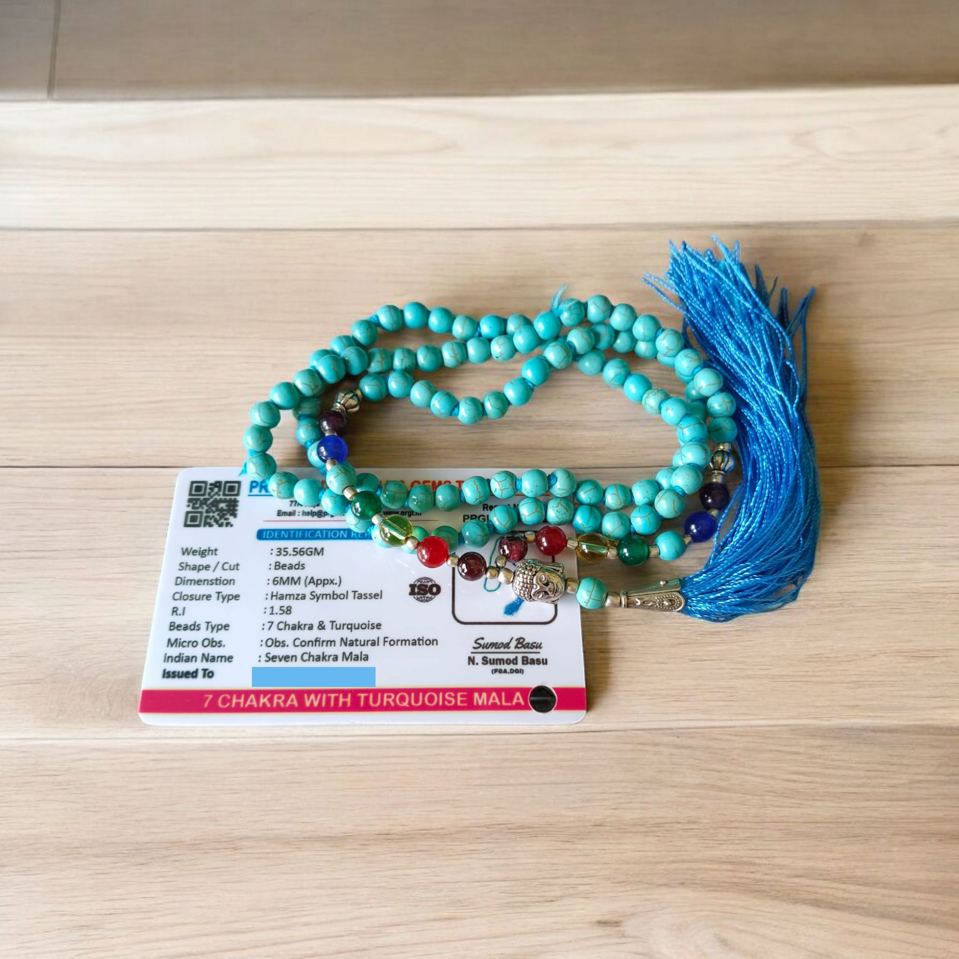 Turquoise (Firoza) Mala with 7 Chakra Beads | Lab Certified Astrologer Mala | Malawala